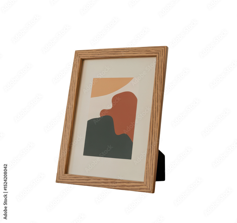 Realistic wooden photo frame with abstract art print standing upright ...