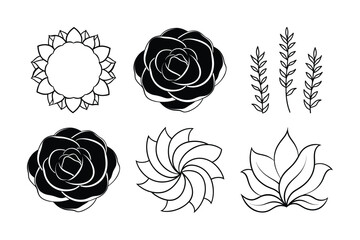 Wall Mural - Floral vector set with roses and seamless black and white flower patterns perfect for vintage design illustrations