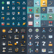 © Creative Nest - Flat style icons of robotics, AI, and smart manufacturing with dark backgrounds. Includes gears, drones, circuits, lab tools, and automation systems.
