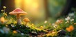 © Nopadon - Enchanted fairy garden bathed in soft yellow sunlight; delicate flowers, whimsical mushrooms, tiny glowing lights, and sparkling dew drops create a magical scene , glow, woodland, flowers