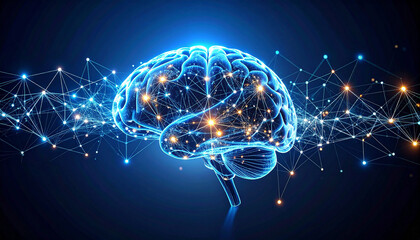 Wall Mural - digital depiction of a brain with radiant synapses and branching technology lines, contrasted by lig