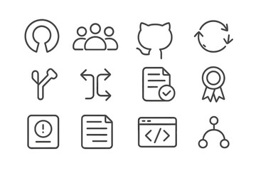 Monochrome software icons: code, merge, sync, certificate, team, branch
