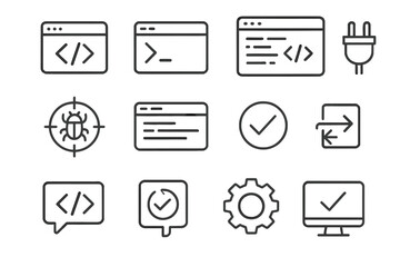 Grey software development icons: code, bugs, gears, checkmarks