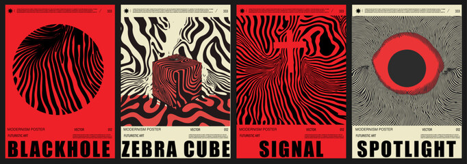 Aufkleber - Set of four horror style vector posters with abstract, wavy op-art patterns in bold red, black, and beige tones. The trending modernism style combines futuristic and minimalist.