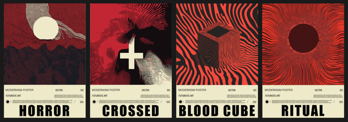 Aufkleber - Set of four horror style vector posters with abstract, wavy op-art patterns in bold red, black, and beige tones. The trending modernism style combines futuristic and minimalist.