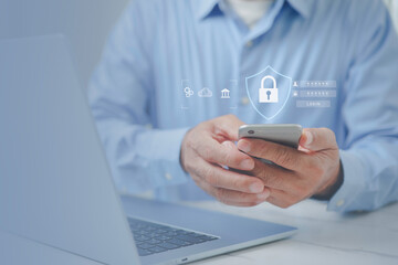 businessman using laptop computer for protect personal data encryption. global network security tech