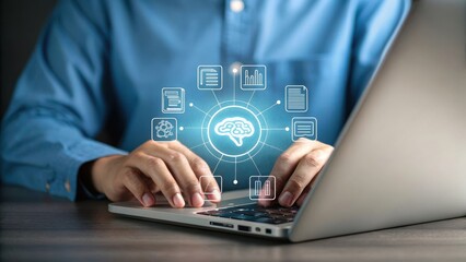 hands typing on laptop with glowing brain and data icons