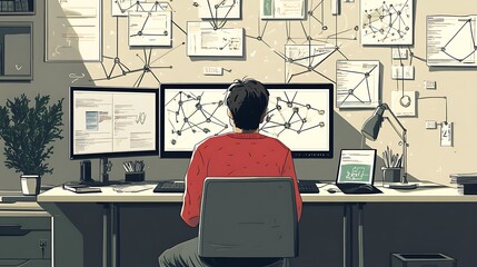 programmer working at desk with multiple monitors displaying complex network diagrams and data visua