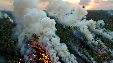 Wall Mural - smoke billows from a burning forest as the sun sets