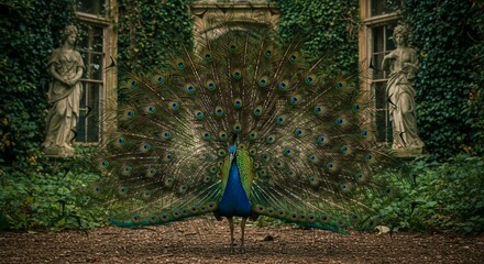 Peacock displays vivid feathers at old monument. Use for wildlife beauty ads