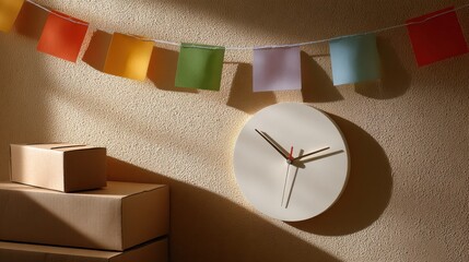 Aufkleber - Wall Clock and Cardboard Boxes With Colorful Garland, Representing Deadline and Logistics Management for Small Business Shipping and Delivery : Generative AI