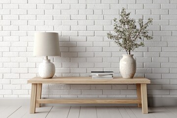Poster - Minimalist Interior Featuring Table Lamp and Vase Against White Brick Wall, Illustrating Home Decor and Modern Living Spaces : Generative AI