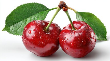 Poster - Two Ripe Cherries With Water Droplets and Green Leaves, Representing Freshness and Healthy Eating Habits, Ideal for Food Advertising and Summer Promotions : Generative AI