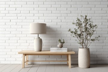 Poster - Minimalist Interior With Lamp, Books, and Plant Against White Brick Wall, Showcasing Home Decor and Serene Lifestyle : Generative AI
