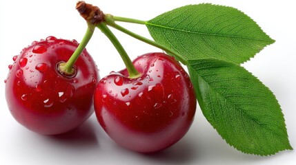 Poster - Two Fresh Cherries With Water Droplets, Symbolizing Summer Treats and Healthy Eating Habits for a Balanced Lifestyle : Generative AI