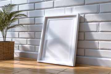 Aufkleber - White Frame Leaning Against Brick Wall With Potted Plant, Ideal For Home Decor Mockup and Interior Design Showcase : Generative AI