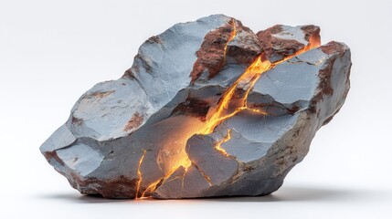 Poster - Glowing Rock Formation Against White Backdrop, Symbolizing Geological Power and Earth Science Research : Generative AI
