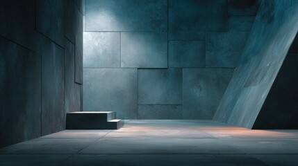 Aufkleber - Minimalist Concrete Room With Steps and Geometric Shapes, Ideal for Product Showcase and Architectural Visualization, Evoking Modernity and Innovation : Generative AI