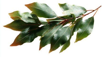 Aufkleber - Branch of Green Leaves With Water Droplets on White Background, Symbolizing Freshness and Environmental Awareness for Sustainable Business Practices : Generative AI