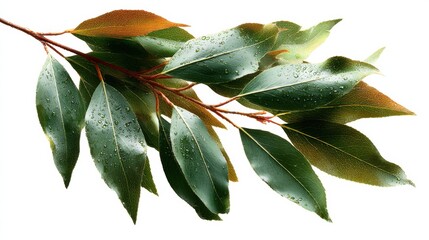 Aufkleber - Branch with Green and Brown Leaves Covered in Water Droplets, Symbolizing Freshness and Environmental Awareness : Generative AI