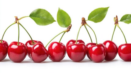 Poster - Row of Fresh Red Cherries With Green Leaves Against White, Representing Healthy Eating and Summer Produce : Generative AI