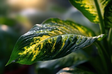 Poster - Dieffenbachia Leaf With Water Droplets in Sunlight, Symbolizing Natural Beauty and Environmental Awareness for Sustainable Living Campaigns : Generative AI
