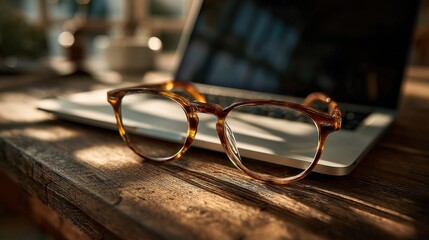 Leinwandbilder - Tortoiseshell Glasses on Laptop Computer, Representing Remote Work and Digital Lifestyle, With Focus on Vision and Eye Care : Generative AI