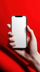 Aufkleber - Hand Holding Blank Smartphone Against Red Backdrop, Ideal for Mobile App Promotion and Digital Marketing Campaigns : Generative AI