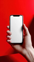Poster - Hand Holding Blank Smartphone Against Red Background, Ideal for Mobile App Promotion and Technology Advertising Campaigns : Generative AI