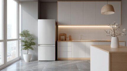 Poster - Modern Minimalist Kitchen Interior With White Cabinets and Large Window, Showcasing Home Improvement and Sustainable Living Design : Generative AI