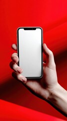 Poster - Hand Holding Smartphone With Blank Screen on Red Backdrop, Ideal for Mobile App Promotion and Digital Communication : Generative AI
