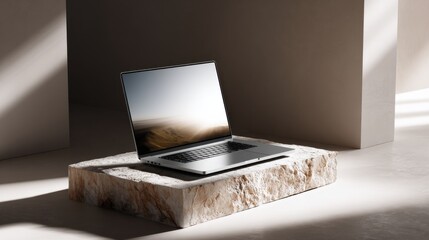 Poster - Sleek Laptop on Stone Platform With Landscape Display, Showcasing Modern Technology and Digital Transformation for Business Applications : Generative AI