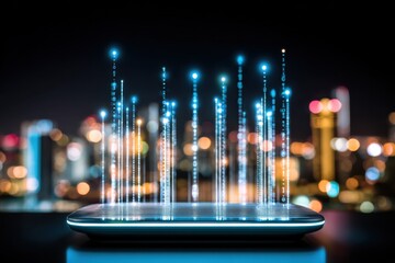 Aufkleber - Futuristic Smartphone Displaying Binary Code Over Cityscape at Night, Representing Digital Transformation and Connectivity : Generative AI