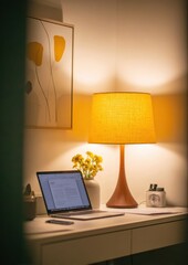 Leinwandbilder - Laptop on Desk Illuminated by Lamp With Yellow Flowers, Representing Remote Work and Productivity in Home Office Environment : Generative AI