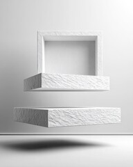 Poster - Minimalist White Stone Shelves Floating in a Bright Room, Ideal for Product Placement and Modern Interior Design Mockups, Showing Simplicity : Generative AI
