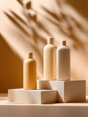 Aufkleber - Minimalist Cosmetic Bottles on Beige Podium With Palm Shadows, Representing Beauty Product Marketing And Sustainable Packaging : Generative AI