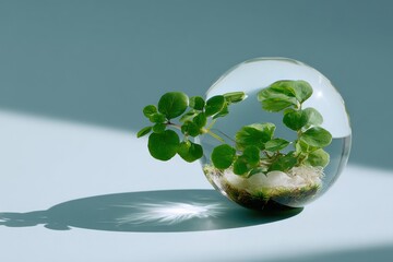 Aufkleber - Small Plant Growing in Glass Terrarium on Blue Surface, Symbolizing Environmental Awareness and Sustainable Living for Corporate Responsibility Campaigns : Generative AI