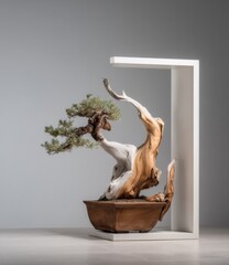 Aufkleber - Elegant Bonsai Tree Displayed in Minimalist Setting, Symbolizing Zen Garden Design and Corporate Wellness : Generative AI