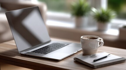 Leinwandbilder - Laptop, Coffee, and Notepad on Wooden Desk, Representing Productivity and Remote Work Lifestyle for Digital Nomad and Online Learning : Generative AI