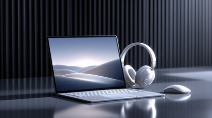 Leinwandbilder - Laptop, Headphones, and Mouse on Desk, Showcasing Remote Work and Digital Lifestyle for Modern Technology and Online Communication : Generative AI