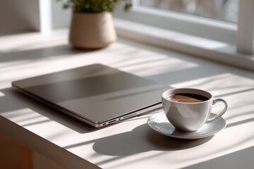 Leinwandbilder - Laptop and Coffee Cup on Desk Near Window, Representing Remote Work Flexibility and Morning Productivity : Generative AI