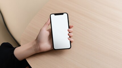 Aufkleber - Woman Holding Smartphone With Blank Screen Over Wooden Table, Representing Mobile Technology and Digital Communication : Generative AI