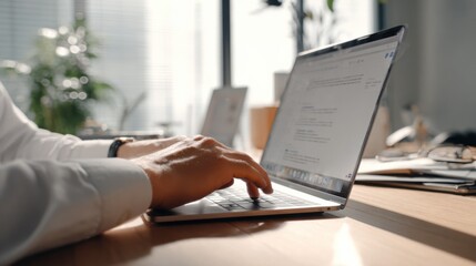 Aufkleber - Hands Typing on Laptop in Bright Office, Representing Remote Work and Digital Productivity for Business and Technology Solutions : Generative AI