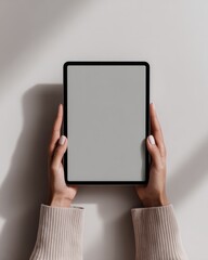 Aufkleber - Woman Holding Tablet With Blank Screen in Minimalist Setting, Ready for Digital Marketing and Content Creation, Ideal for Mockup and Presentation : Generative AI