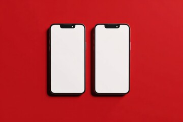 Aufkleber - Two Modern Smartphones With Blank White Screens on Red Surface, Ideal for Mobile App Advertising and Digital Marketing Campaigns : Generative AI