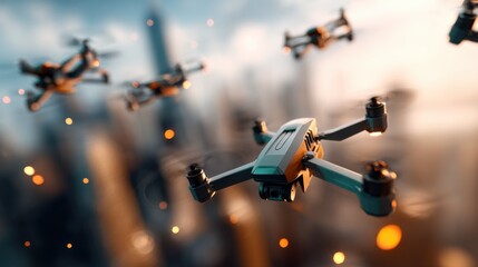 Aufkleber - Drones Hovering in the Sky Over a Cityscape at Sunset, Showcasing Technological Innovation and Aerial Surveillance : Generative AI