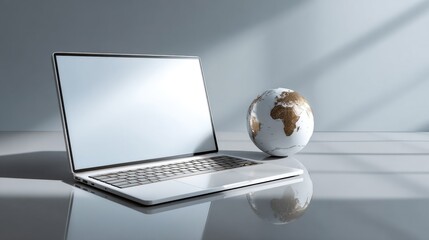 Poster - Laptop with Blank Screen and Globe on Table, Representing Global Business and Digital Transformation, Ideal for Remote Work and International Marketing : Generative AI