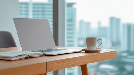 Aufkleber - Laptop and Coffee Cup on Wooden Desk Near Window, Representing Remote Work and Flexible Lifestyle, Ideal for Productivity and Workplace Wellness : Generative AI