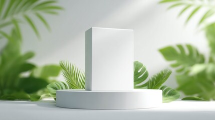 Aufkleber - Minimalist White Product Display Podium With Tropical Leaves, Ideal for Beauty Product Mockups and Sustainable Branding Campaigns : Generative AI