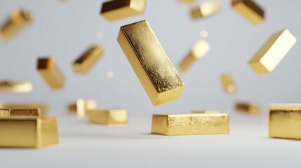 Poster - Floating Gold Bars on White Background, Representing Financial Security and Investment Opportunities, Ideal for Wealth Management and Economic Growth : Generative AI